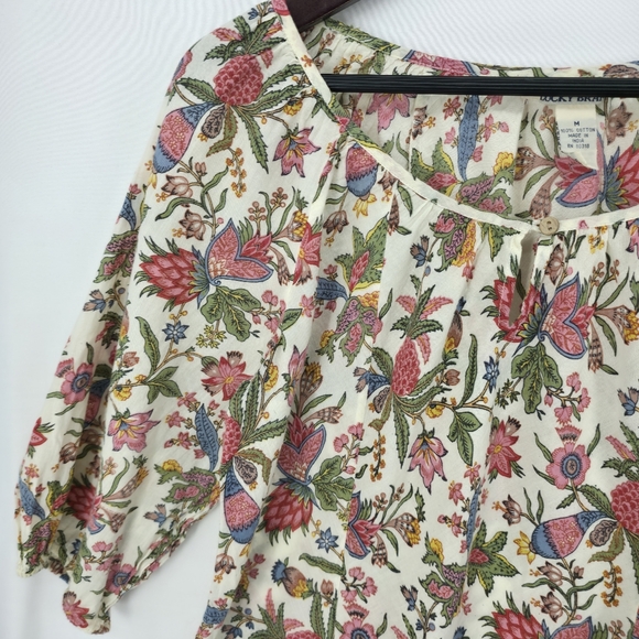 Lucky Brand India Cotton Boho Floral Peasant Blouse Keyhole Cottagecore Medium - Picture 3 of 14